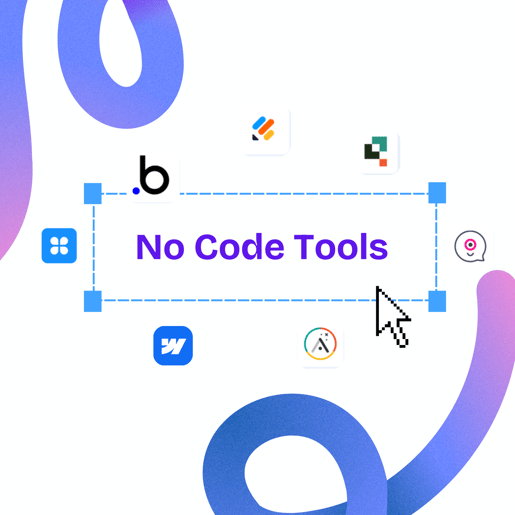 A collection of no-code tools icons, including Bubble, Webflow, Zapier, Typeform, and more, showcasing how these tools simplify product development processes.